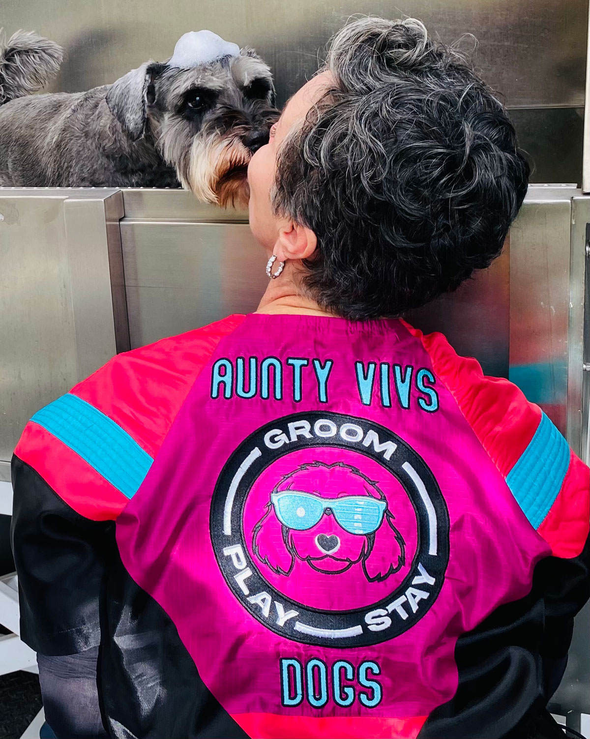 Aunty Vivs Dogs embroidered logo on jacket